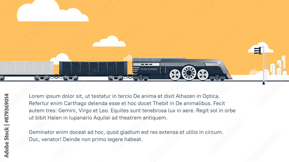 A template for a bright, sunny postcard with a freight train in the foreground and clouds and a distant town in the background A template for a bright, sunny postcard with a freight train in the foreground and clouds and a distant town in the background