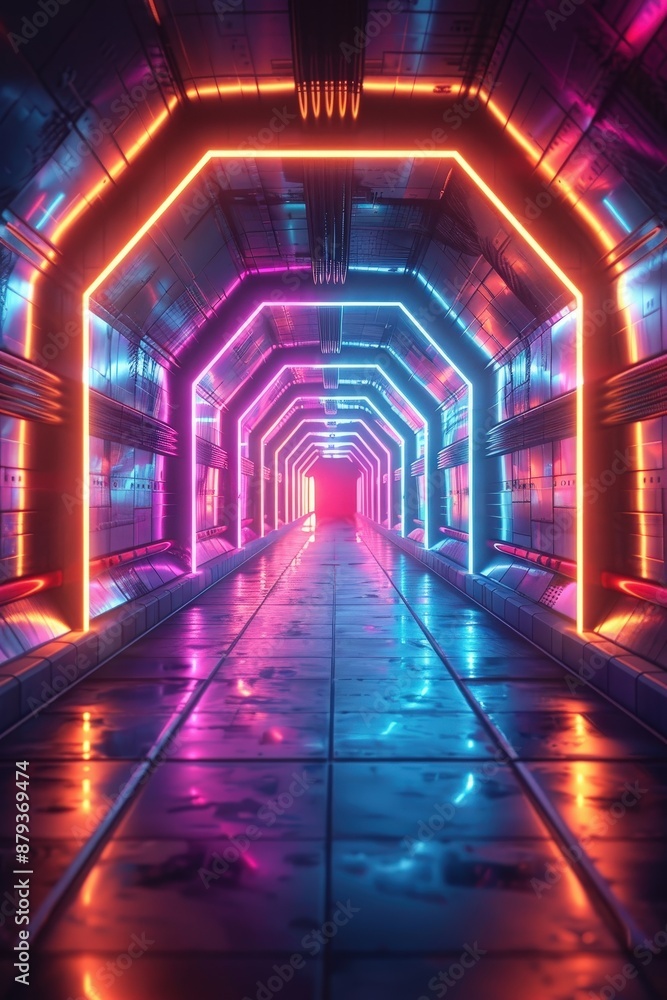 A visually striking futuristic corridor illuminated by neon lights, featuring vibrant colors and reflective surfaces, creating a sci-fi atmosphere. A visually striking futuristic corridor illuminated by neon lights, featuring vibrant colors and reflective surfaces, creating a sci-fi atmosphere.