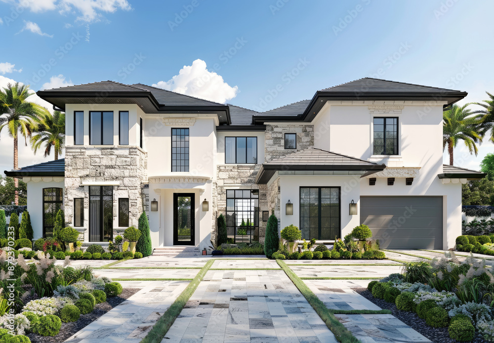 A modern and clean two story house with stone accents, a large front ...