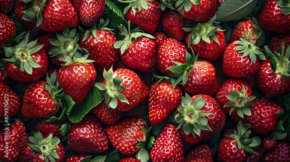 Directly above view of fresh red strawberries with clean green leaves. The strawberries are various sizes and fill the frame of the photograph Directly above view of fresh red strawberries with clean green leaves. The strawberries are various sizes and fill the frame of the photograph