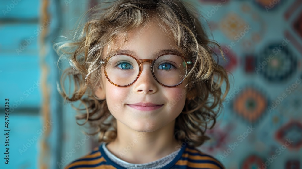 Cheerful child with blonde curly hair and glasses smiles brightly, radiating innocence and joy. Blue eyes sparkle with positivity, embodying playful youth Cheerful child with blonde curly hair and glasses smiles brightly, radiating innocence and joy. Blue eyes sparkle with positivity, embodying playful youth