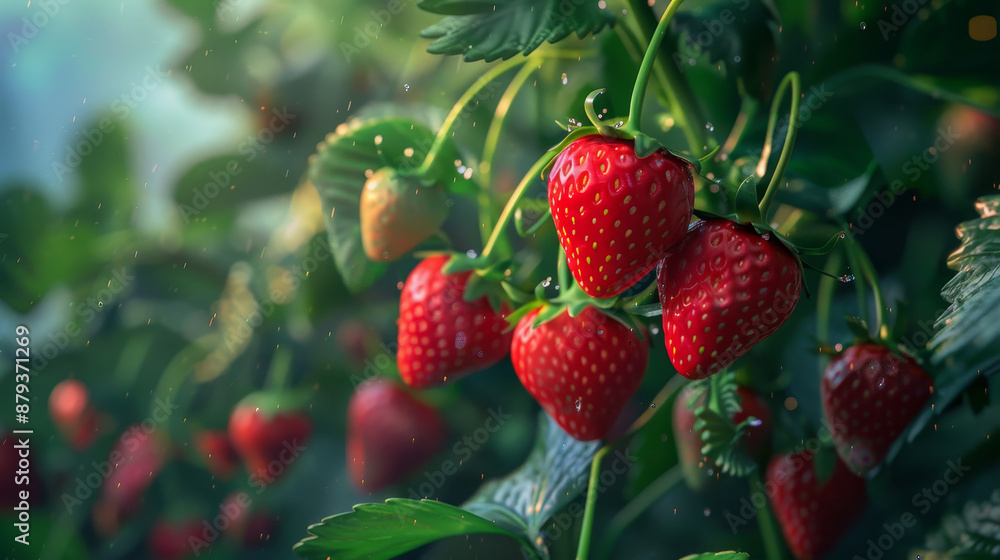 Directly above view of fresh red strawberries with clean green leaves. The strawberries are various sizes and fill the frame of the photograph Directly above view of fresh red strawberries with clean green leaves. The strawberries are various sizes and fill the frame of the photograph