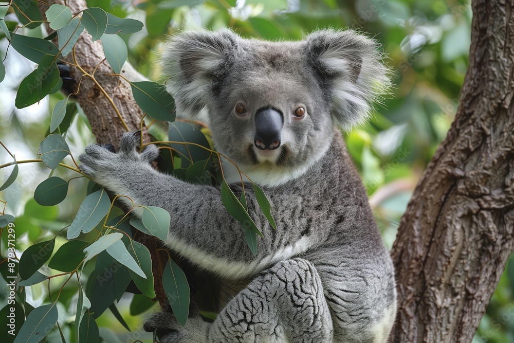 Obraz premium Koala in Eucalyptus Tree- A koala clings to the branches of a eucalyptus tree in the Australian bush