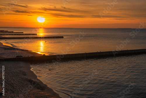 Obraz na płótnie View of sand beach with wooden breakwaters on the Baltic Sea coast on sunset in Zelenogradsk. Russia w salonie