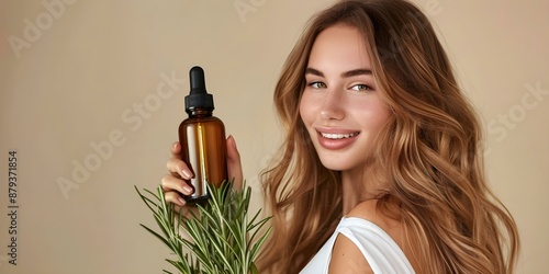 Woman demonstrating her hair care routine with rosemary oil bottle. Concept Hair Care Tips, Rosemary Oil Benefits, Beauty Routines, Hair Nourishment, Self-Care Practices