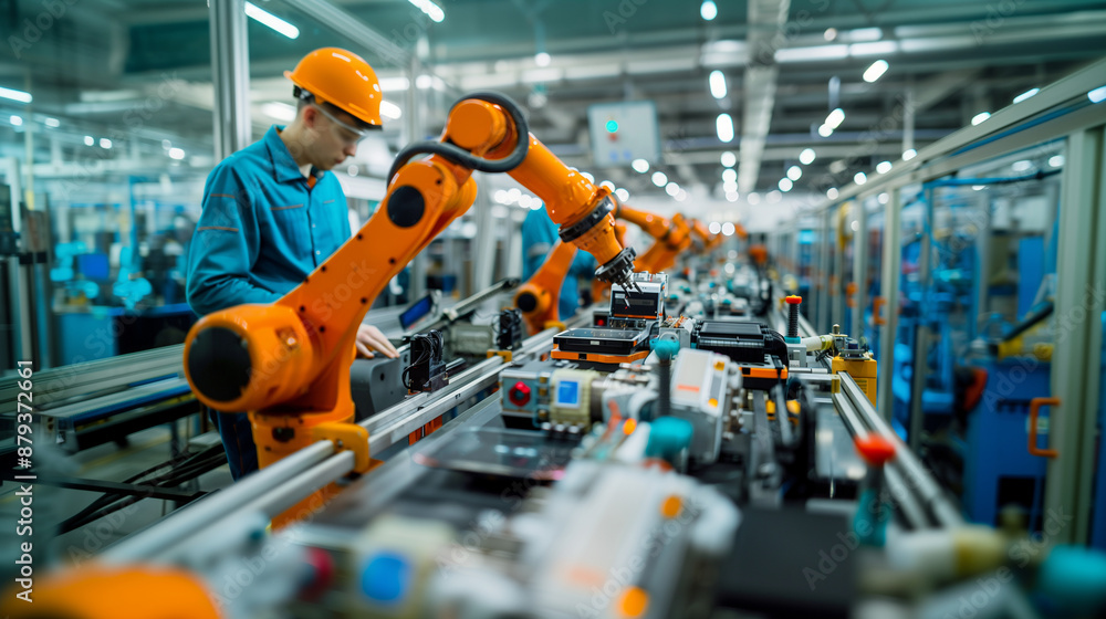 of a robotic assembly line producing high-tech gadgets, with employees ensuring smooth operation and quality control, automation, manufacturing, innovation, roboti of a robotic assembly line producing high-tech gadgets, with employees ensuring smooth operation and quality control, automation, manufacturing, innovation, roboti