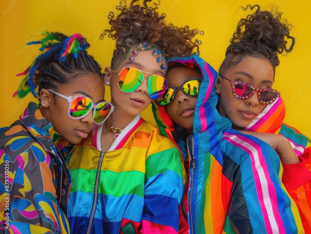 Obraz premium group of young LGBTQ teen mix gender ethnicity lively active together fun laugh smiling joyful cheerful, colorful people rainbow theme, fashionable hair style with sunglasses.