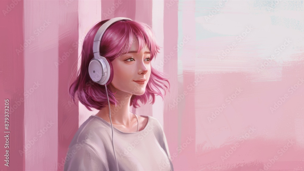A woman with pink hair wearing headphones and a white shirt, AI A woman with pink hair wearing headphones and a white shirt, AI