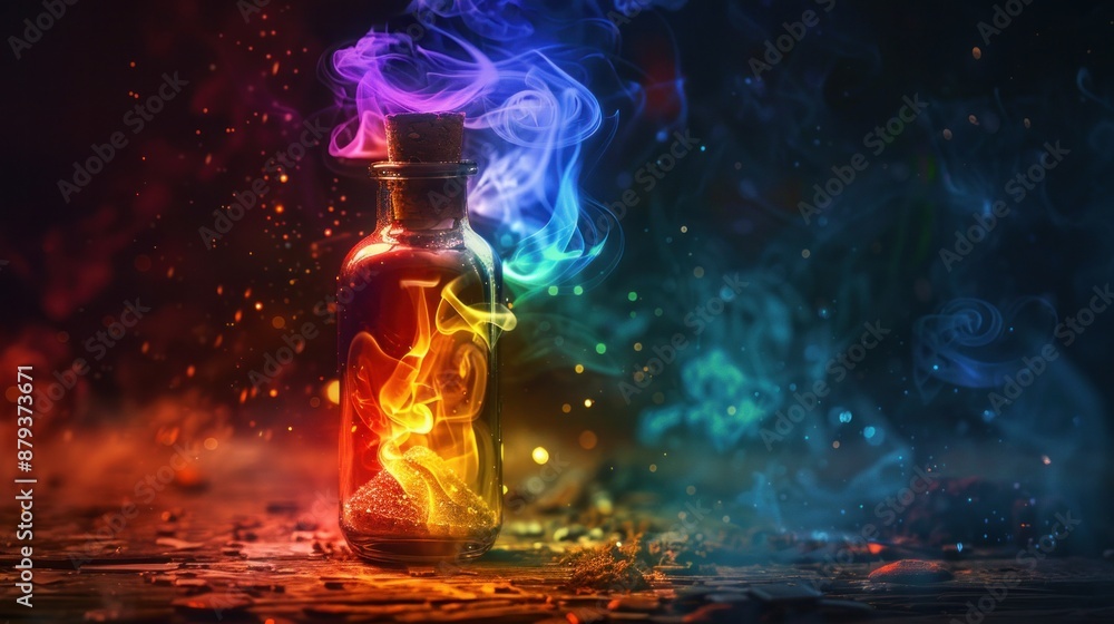 Colorful smoke from a magic bottle symbolizes hopes and dreams. Colorful smoke from a magic bottle symbolizes hopes and dreams.