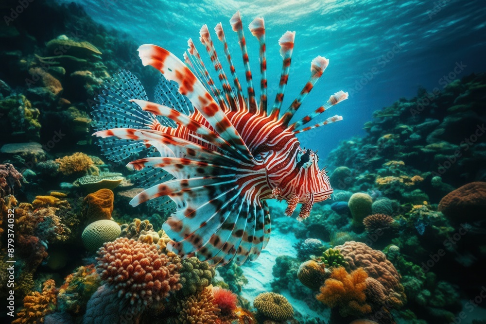 Obraz premium A red lionfish (Pterois volitans) swimming gracefully in the tropical waters of the ocean, surrounded by vibrant coral reefs.