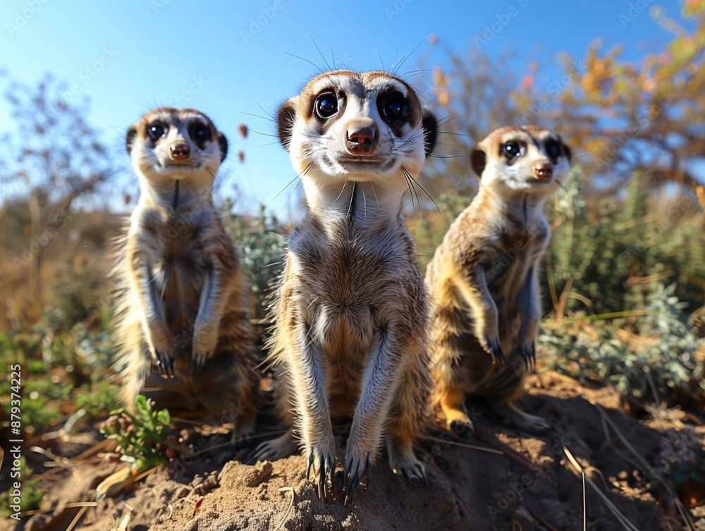 Fototapeta premium Meerkats on the Savanna- A group of meerkats stands alert on the African savanna