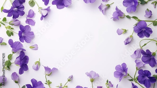 Round flower frame with violet flowers on white background for greeting card concept