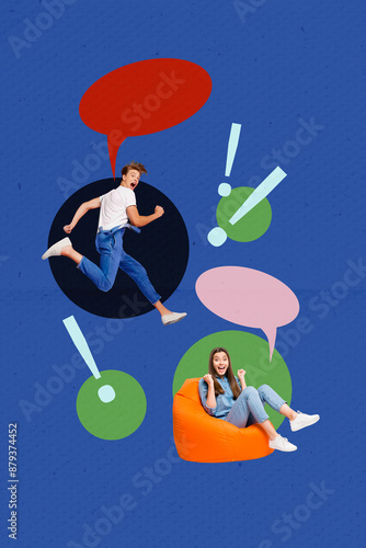 Vertical poster collage young cheerful woman celebrate success winner textbox communication dialog phrase speech drawing background photo