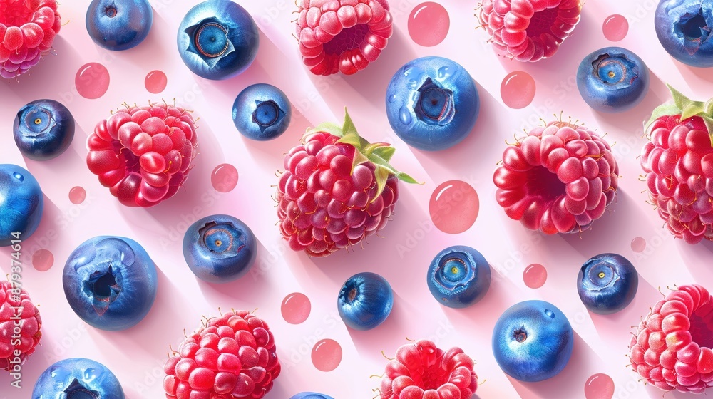 Blueberries and raspberries plain pastel background, flat design illustration Blueberries and raspberries plain pastel background, flat design illustration