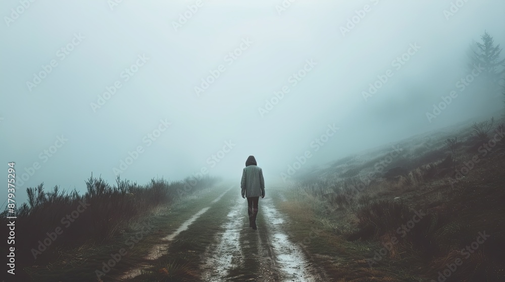 Obraz premium Man walking on a natural road in the fog