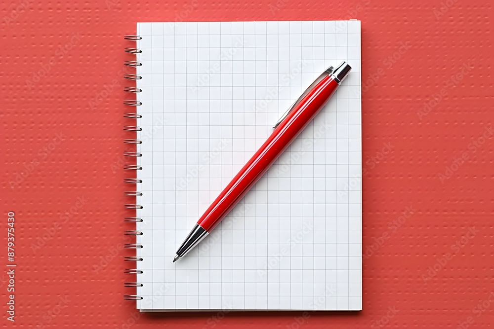 Red Pen on a Spiral-Bound Grid Notebook Against a Red Background Red Pen on a Spiral-Bound Grid Notebook Against a Red Background