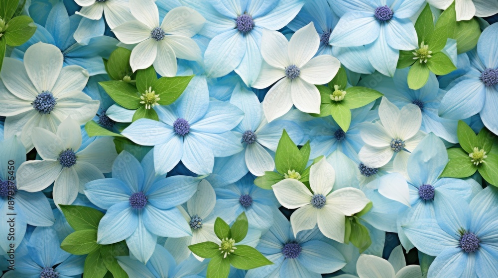 Background of a mix of delicate blue clematis blossoms and fresh green leaves Background of a mix of delicate blue clematis blossoms and fresh green leaves