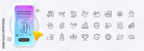 Vaccine announcement, Shield and Hypoallergenic tested line icons for web app. Phone mockup gradient screen. Pack of Farsightedness, Dont touch, Cardio training pictogram icons. Vector