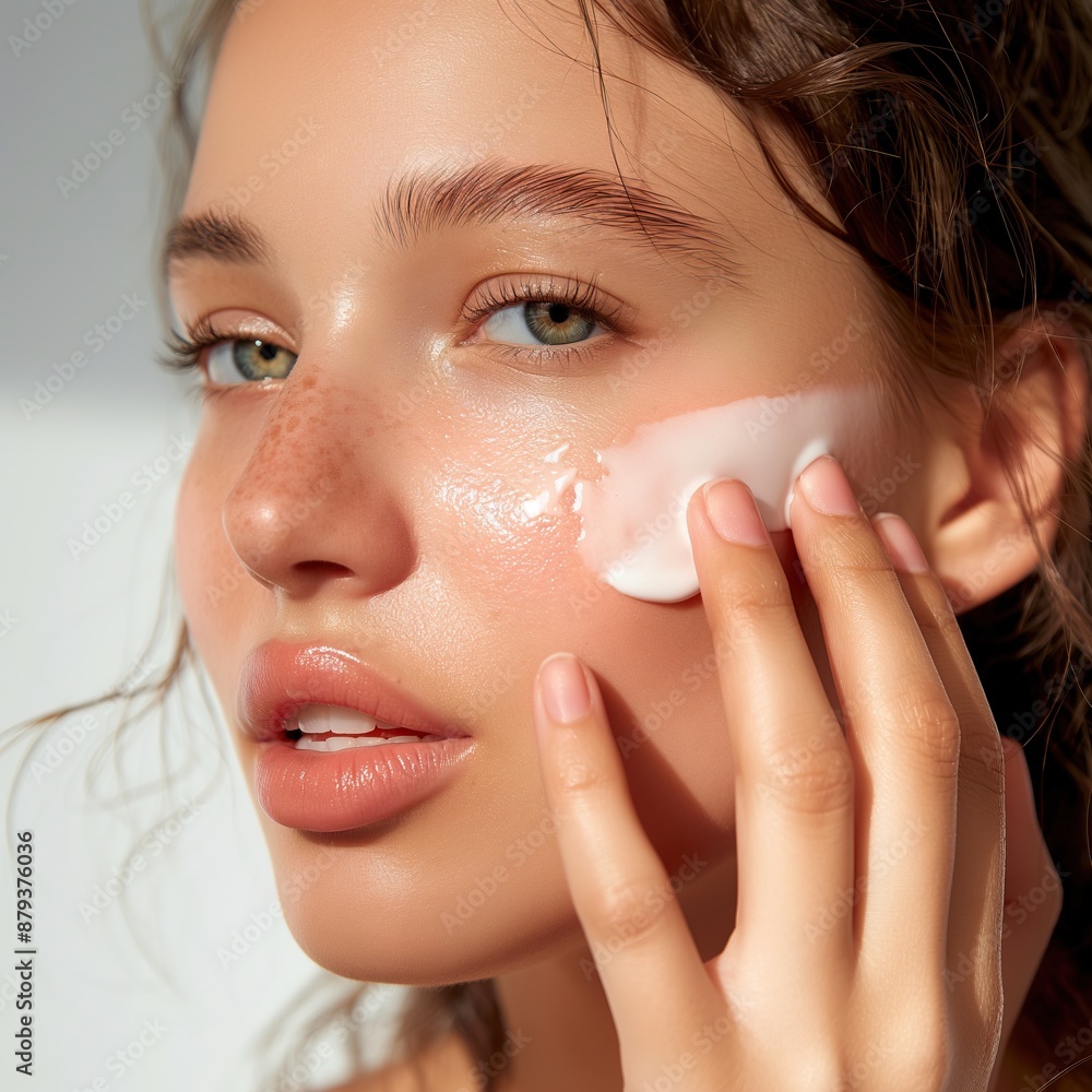 Young Woman Applying Moisturizing Cream on Her Face Young Woman Applying Moisturizing Cream on Her Face