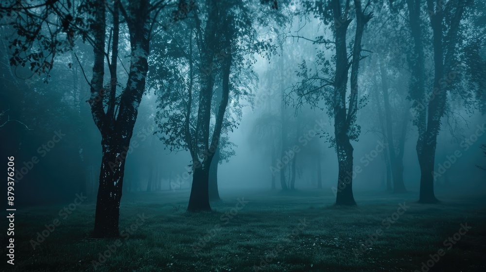 Mystical atmosphere. Stranger forest in a fog. Dark scary park. Background wallpaper. Trees in the mist. Mystical atmosphere. Stranger forest in a fog. Dark scary park. Background wallpaper. Trees in the mist.