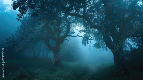 Mystical atmosphere. Stranger forest in a fog. Dark scary park. Background wallpaper. Trees in the mist. 