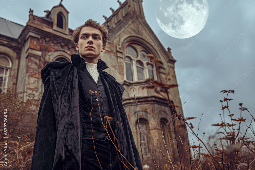 Naklejka premium A mysterious man in gothic attire stands confidently outside a moonlit, abandoned mansion, exuding an eerie, vintage charm