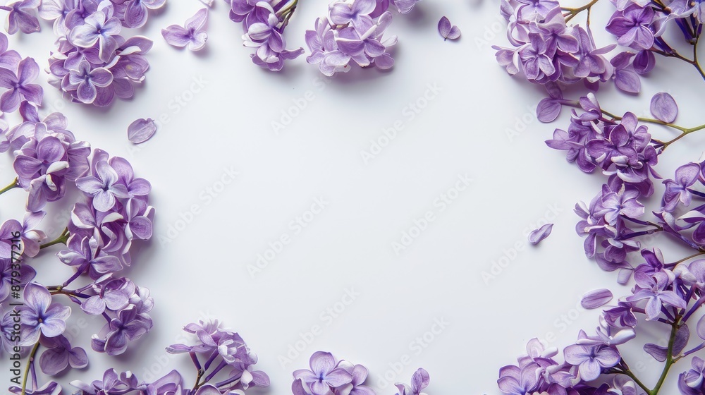 Purple flower frame on white background top view Purple flower frame on white background top view