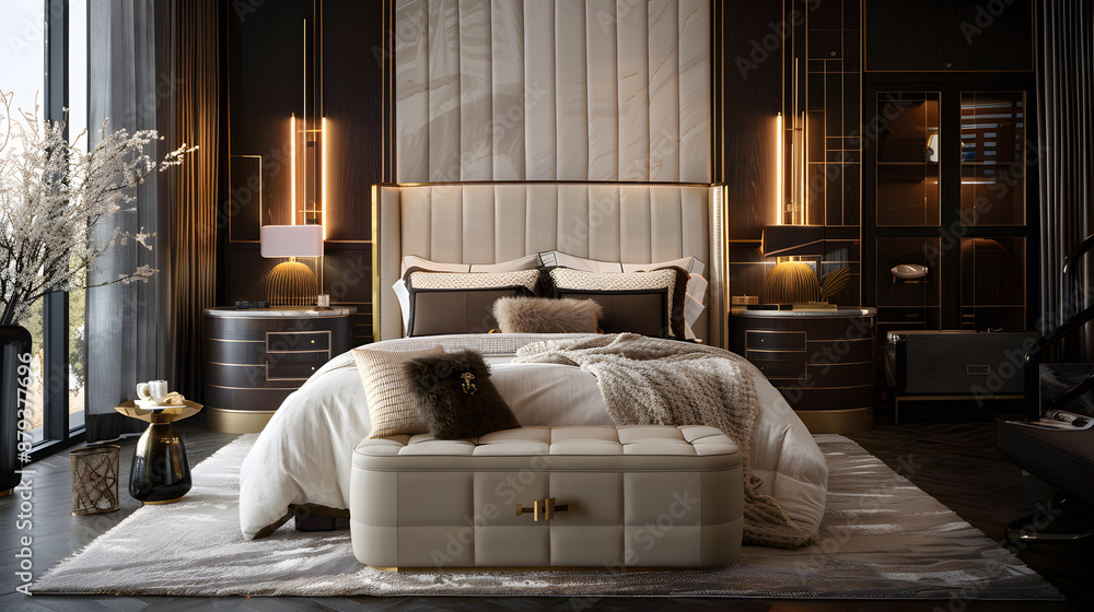 Luxurious bedroom with plush bedding, soft lighting, and elegant decor, illustrating comfort and modern interior design.
Luxurious bedroom with plush bedding, soft lighting, and elegant decor, illustrating comfort and modern interior design.