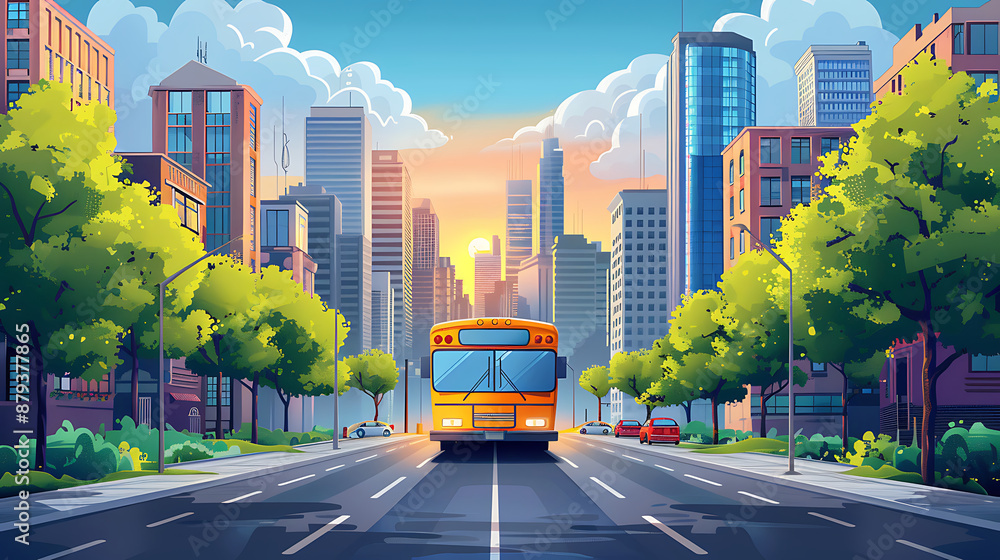 2d illustration Bus school on the highway, city on the background 2d illustration Bus school on the highway, city on the background