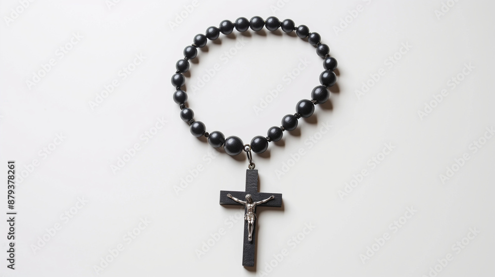 A minimalistic black wooden rosary on a white background A minimalistic black wooden rosary on a white background