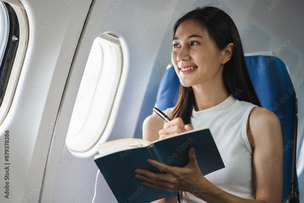 Smiling Asian woman enjoying reading a book comfortable flight while sitting in the airplane cabin, Passengers near the window. Smiling Asian woman enjoying reading a book comfortable flight while sitting in the airplane cabin, Passengers near the window.