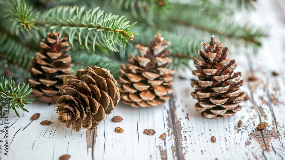 Evergreen cones and twigs for Christmas decor on a white wooden table Evergreen cones and twigs for Christmas decor on a white wooden table