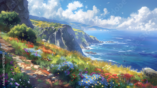 Scenic coastal path with dramatic cliffs, wildflowers, and an expansive ocean view, evoking adventure and natural beauty.