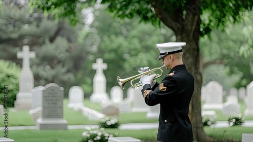 A trumpeter in white gloves plays a somber melody on a golden trumpet during a funeral ceremony at a cemetery