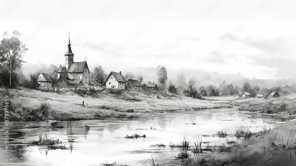 Watercolor painting depicted serene landscape with small chapel nestled on mountain, capturing essence of Christian religion and timeless beauty of church in nature. mountain, christian, chapel. Watercolor painting depicted serene landscape with small chapel nestled on mountain, capturing essence of Christian religion and timeless beauty of church in nature. mountain, christian, chapel.