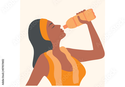 Healthy woman drinking water from plastic bottle vector illustration. Healthy lifestyle concept	