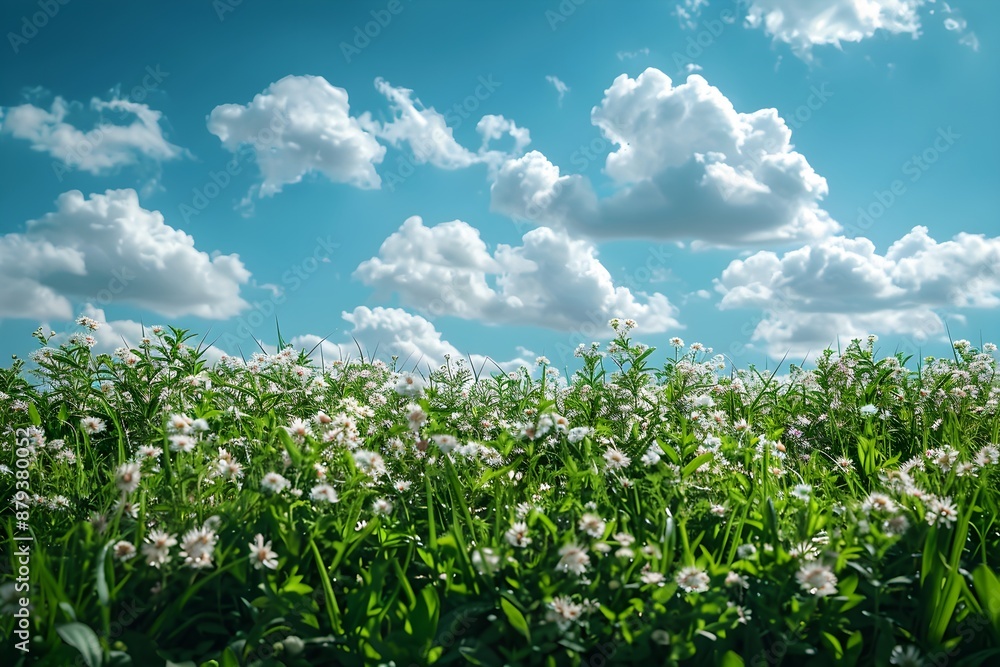 A warm landscape with wild flowers blooming in a large field, a clear sky with clouds, and a cool breeze blowing. A warm landscape with wild flowers blooming in a large field, a clear sky with clouds, and a cool breeze blowing.
