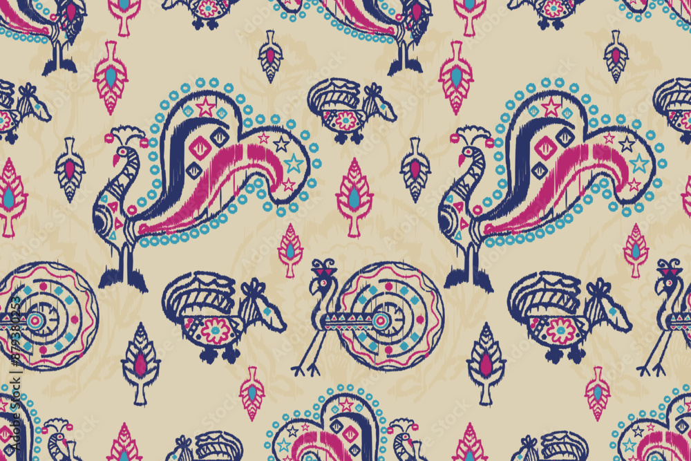 Naklejka premium Folk art ethnic oriental sarong saree ikat seamless pattern traditional background. vector design for folk art fashion, ikat folk fabric, wallpaper and all prints color. carpet,wallpaper,clothing,wrap