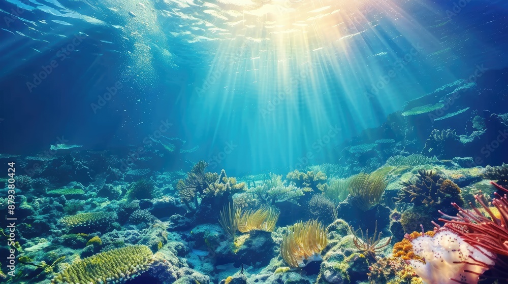 Fototapeta premium An underwater coral reef scene with colorful fish under sunlight