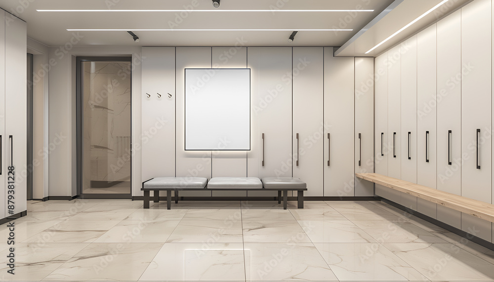 Contemporary beige locker room interior with bench and empty poster Contemporary beige locker room interior with bench and empty poster