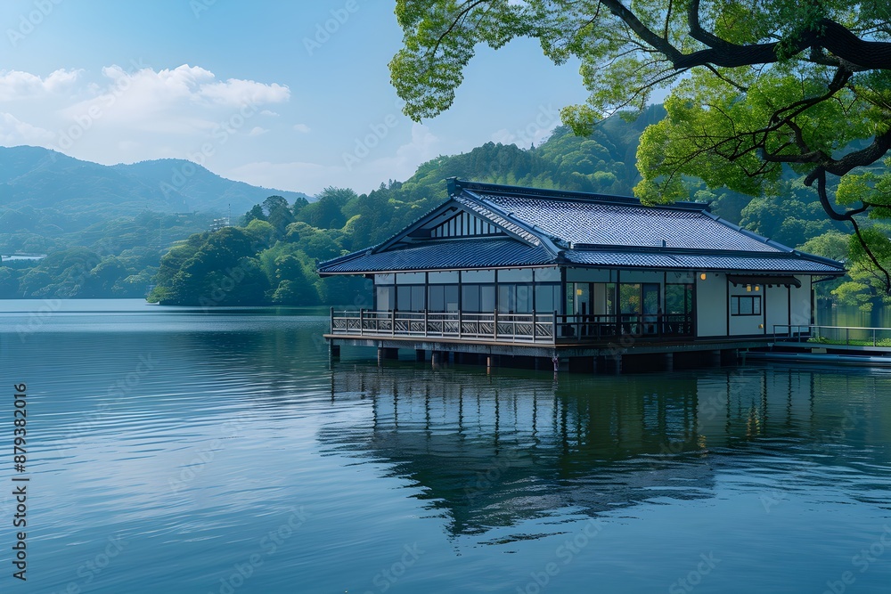 It is a neat water pension built in Asian style with a walkway connected to the land on a large lake. It is a neat water pension built in Asian style with a walkway connected to the land on a large lake.
