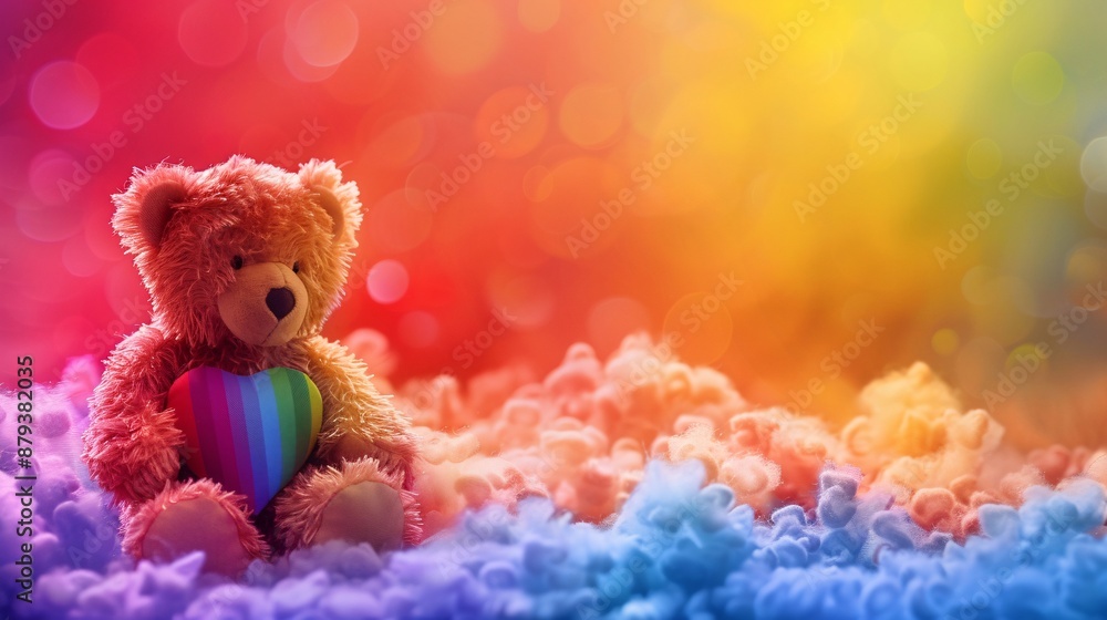 Cute teddy bear with heart on rainbow background, valentine day concept. Cute teddy bear with heart on rainbow background, valentine day concept.