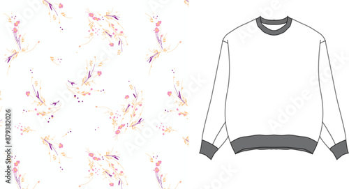 Sweatshirt and Fabric Design: A mockup showcasing a stylish sweatshirt alongside a coordinating fabric pattern, both presented on a clean backdrop, perfect for apparel design or textile concepts.