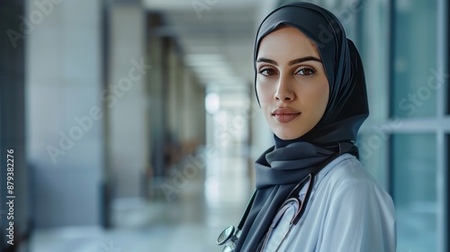 A female doctor in a hijab, a professional healthcare worker, is a Muslim woman with a stethoscope in a hospital.