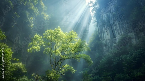 An emotional scene of a small tree receiving dazzling sunlight in a dark, deep forest.