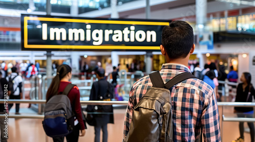 Male traveler at an airport immigration checkpoint. immigration issues concept.