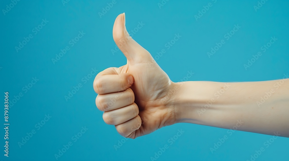 Hand showing thumbs up sign isolated on a blue background Hand showing thumbs up sign isolated on a blue background