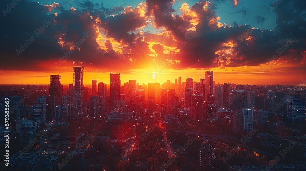 A visually stunning urban skyline at sunset, highlighting sleek skyscrapers against a fiery orange sky. A visually stunning urban skyline at sunset, highlighting sleek skyscrapers against a fiery orange sky.