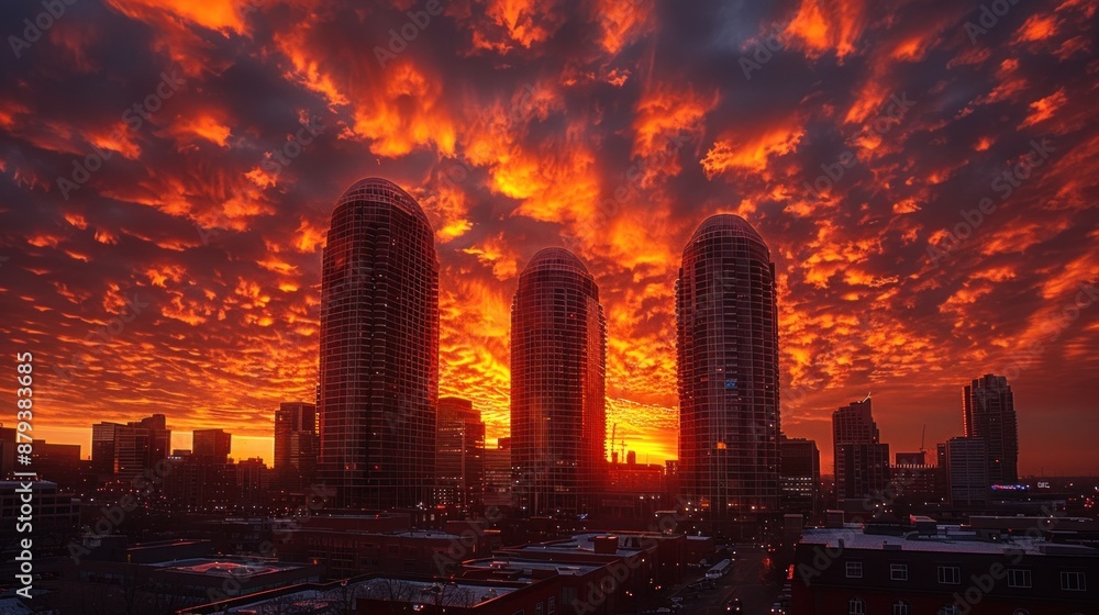 Obraz premium A visually stunning urban skyline at sunset, highlighting sleek skyscrapers against a fiery orange sky.