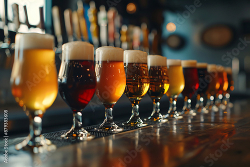 A row of various types and colors of beer glasses containing beer sit atop the bar counter in the foreground view. This stock photo features a low angle shot  photo